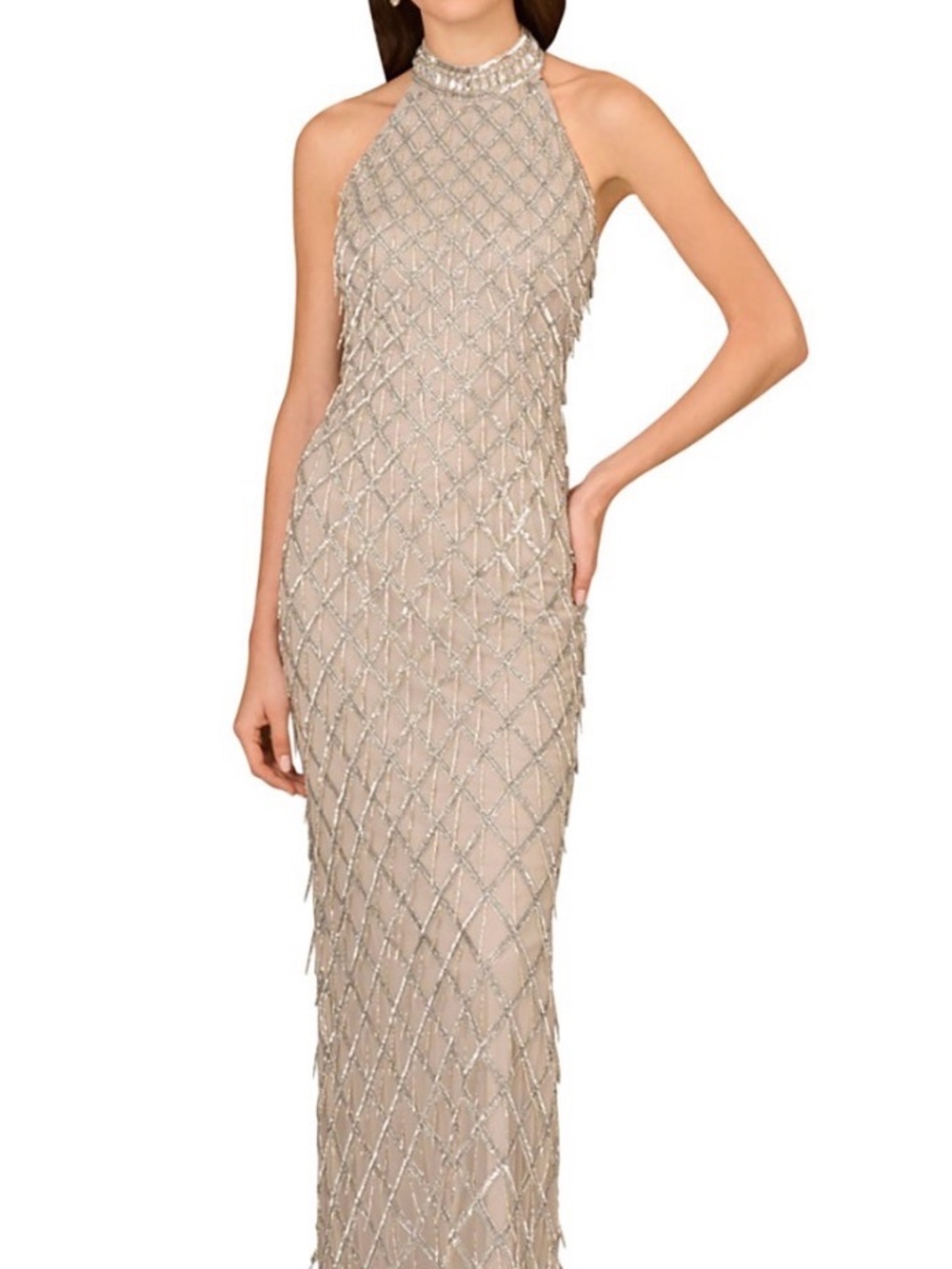 AIDAN MATTOX Beaded Halter Neck Formal Gown - Champagne/Silver - Size 12